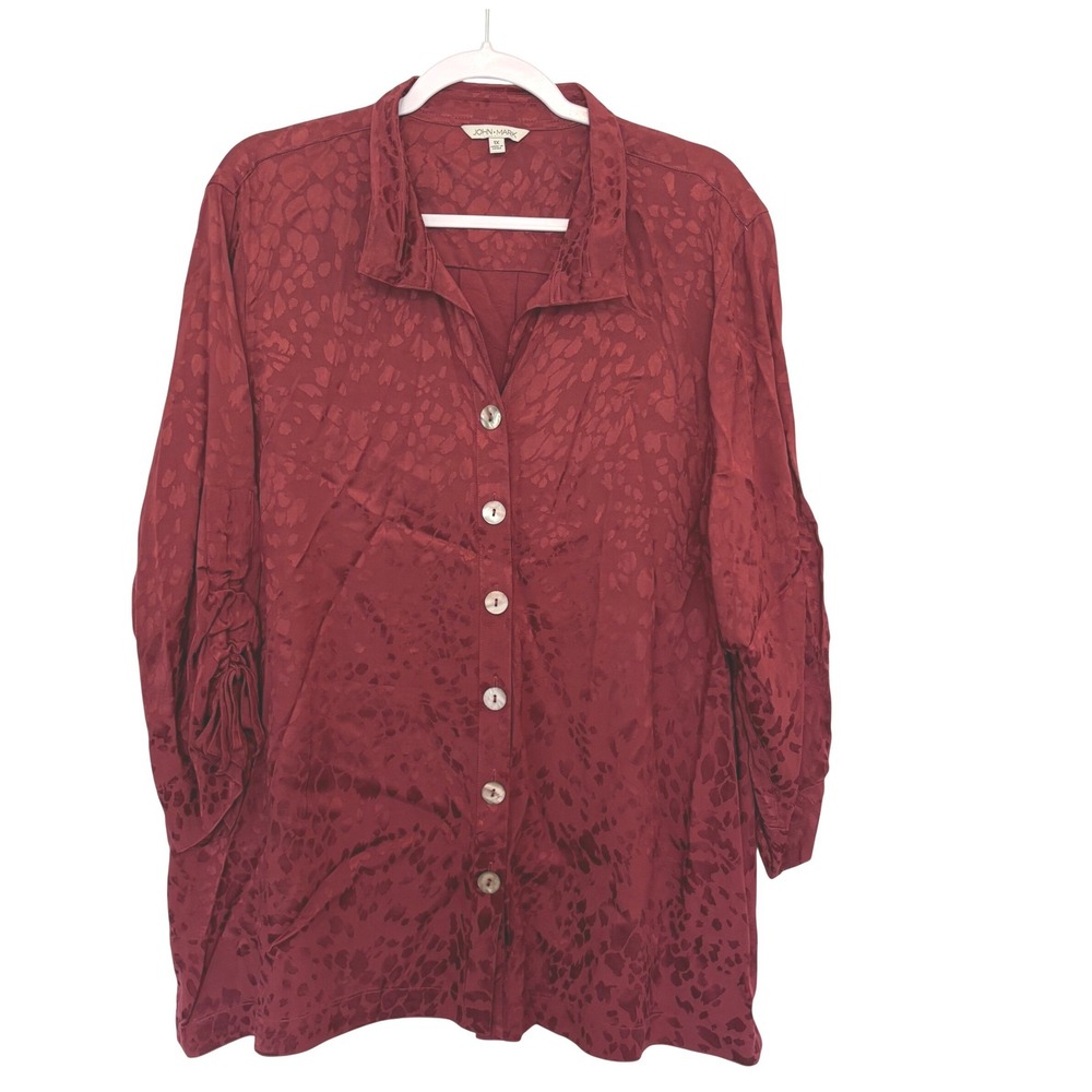 John Mark Satin Leopard Blouse Burgundy 1X Whimsigoth Coquette Drawstring Tunic